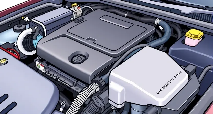 A close-up, detailed illustration of a car's engine bay. Focus on the engine control unit (ECU) and related wiring. The engine should appear clean and well-maintained. Highlight the diagnostic port on the ECU.