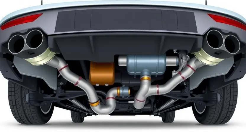 A detailed illustration of a car's exhaust system, highlighting the catalytic converter and other components. Focus on the technical aspects and visual clarity.