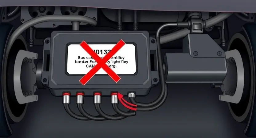 A detailed technical illustration of a vehicle's suspension control module with a broken communication line symbolized by a red 'X' over a CAN bus wire, dashboard warning light showing 'U0132' error code, and faint background of car chassis and wheels, all in a clean, professional automotive diagnostic style