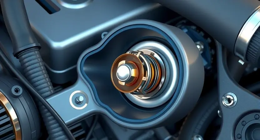 A close-up, detailed illustration of a car engine cooling system, specifically highlighting the thermostat. Show the thermostat in its housing, with visible coolant flow paths. Include surrounding components like hoses and the engine block, rendered with realistic textures and lighting. Focus on the mechanical details of the thermostat itself.