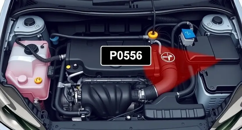A detailed illustration of a car's engine bay, specifically highlighting the P0556 error code indicator light. The engine should be realistically rendered, showing various components like hoses, wires, and sensors. The P0556 light should be clearly visible, illuminated, and labeled with the code.