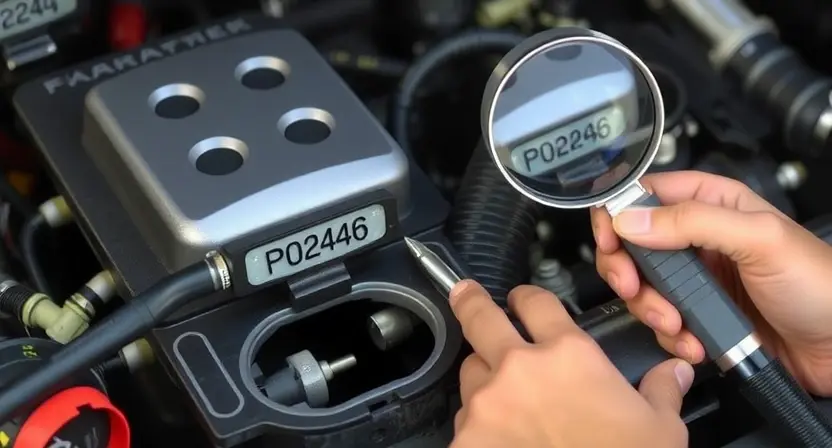 A detailed visual inspection of a car's engine bay, focusing on the area around the P0246 error code indicator. The image should show a close-up of the engine components, highlighting potential loose or corroded connections. Tools like a flashlight and a magnifying glass are subtly included to emphasize the diagnostic process. The overall lighting should be bright and clear, showcasing the details of the engine and connections.
