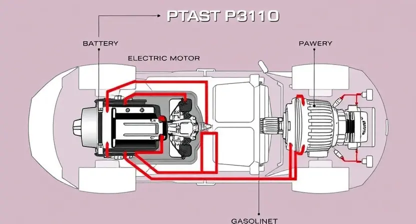 A detailed diagram illustrating a hybrid vehicle's powertrain system, highlighting the battery, electric motor, gasoline engine, and power flow between them. Focus on the connections and components related to a P3110 error, perhaps with a subtle visual cue indicating a fault or diagnostic point. The diagram should be clean, professional, and easy to understand.