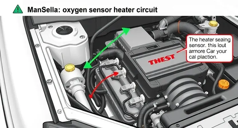 A detailed illustration of a car's engine bay, focusing on the area around the oxygen sensor heater circuit. Show wires, connectors, and components related to the heater, with visual cues indicating a potential malfunction. The image should be realistic and informative, highlighting the circuit's components.