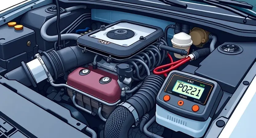 A detailed illustration of a car's engine bay with a diagnostic code reader displaying 'P0221'. Focus on the engine components, wiring, and the code reader. The background should be slightly blurred to emphasize the engine bay.