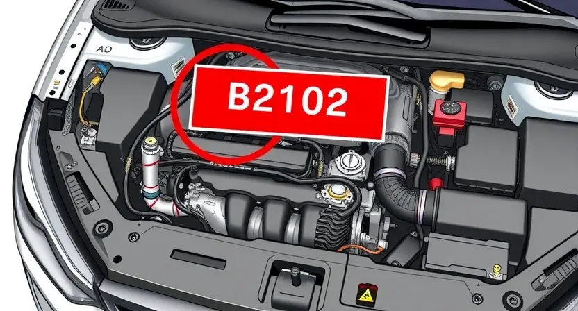 A detailed illustration of a car's engine bay with a highlighted error code 'B2102' displayed on a diagnostic screen. The engine should be partially disassembled to show relevant components like sensors and wiring. Focus on clarity and precision in depicting the technical details.