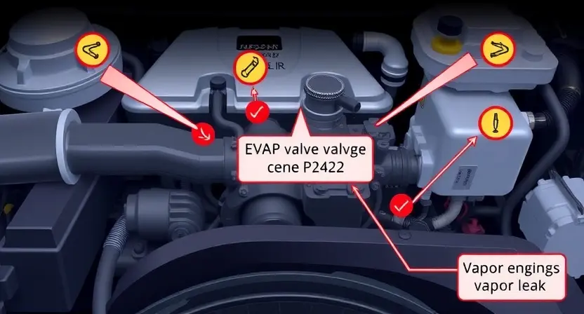 A high-quality technical illustration showing a car's EVAP system with a highlighted faulty valve causing error code P2422, including visual indicators of symptoms like check engine light and vapor leaks, rendered in the predefined style HJ-832-448-h