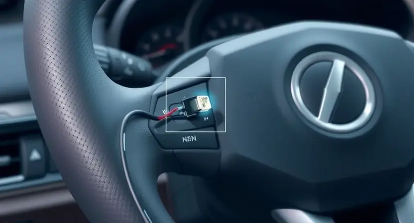 A close-up, detailed illustration of a car's steering column with a highlighted sensor. The sensor should be clearly visible, with wires connecting it to the car's internal systems. Focus on the mechanical components and wiring around the steering wheel. The background should be blurred, suggesting the interior of a car.