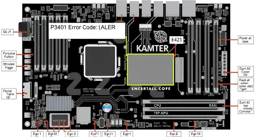 A detailed schematic diagram of a computer motherboard with a highlighted P3401 error code indicator. The diagram should show various components like CPU, RAM, GPU, and chipset. The error code indicator should be clearly visible and labeled.
