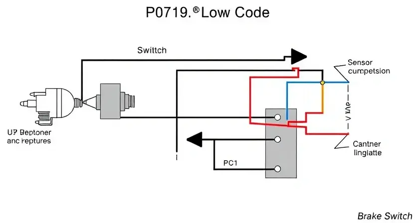 A detailed illustration of a brake switch circuit, focusing on the wiring and components related to the P0719 error code. Include a diagram showing the switch, sensor, and related electrical connections. The image should be clean and well-organized, highlighting the potential cause of the low signal issue.