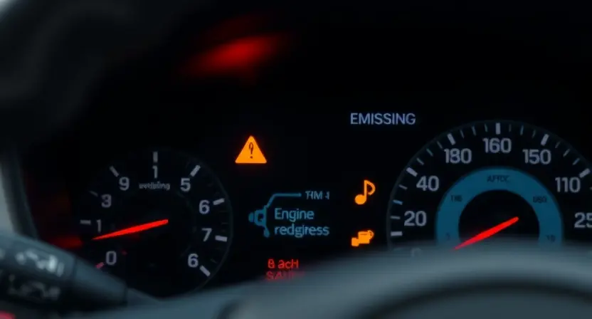 A close-up shot of a car's dashboard displaying a warning light related to the engine or emissions system. The background should be slightly blurred, focusing on the dashboard and the illuminated warning light. The car interior should be clean and modern. The overall mood should be informative and slightly concerned, suggesting a potential issue.