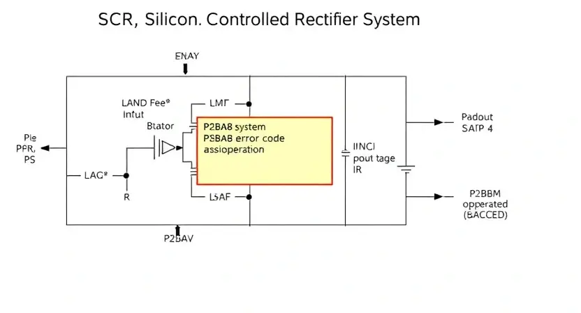 A schematic diagram illustrating the SCR (Silicon Controlled Rectifier) system with a highlighted P2BA8 error code. The diagram should show the SCR components, input/output signals, and the error code's impact on the system's operation. Use clear labels and visual cues to represent the error.
