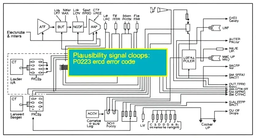 A detailed schematic diagram of an automotive engine control unit (ECU) with a highlighted section showing the plausibility signal loop related to P0223 error code. The diagram should include labeled components like sensors, actuators, and wiring. Focus on clarity and precision in representing the electrical connections.