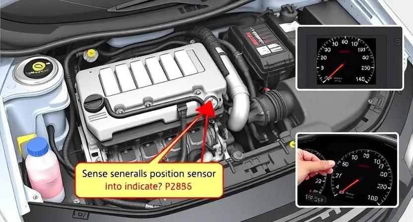 A detailed illustration of a car's engine bay, focusing on the sensor wiring and the position sensor itself. Highlight the P2836 error code indicator on the dashboard.