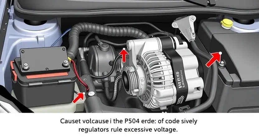 A detailed illustration of a car's electrical system with a focus on the voltage regulator. The image should show the wiring, battery, alternator, and voltage regulator, highlighting the components that could cause a P2504 error code due to excessive voltage. The scene should be realistic and technical, with a clean and professional look.