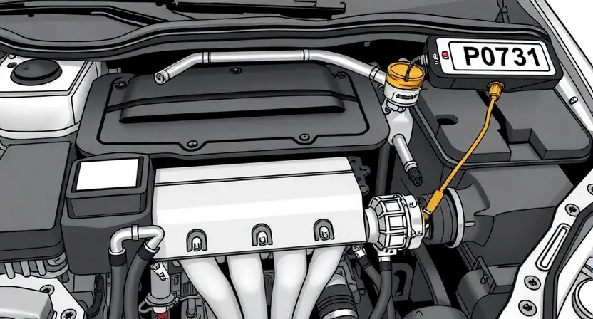 A detailed illustration of a car's engine bay with a diagnostic code reader displaying 'P0731'. The engine should be partially visible, showcasing key components like the exhaust manifold and catalytic converter. Focus on clarity and technical accuracy.