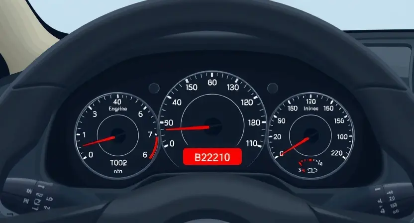 A detailed illustration of a modern car dashboard with the check engine light illuminated, indicating a B2210 error code. The dashboard should show various warning symbols and gauges, with a focus on the illuminated check engine light. The car interior should be clean and modern, with a focus on the dashboard and its components.