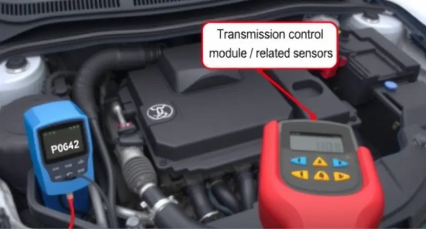 A detailed illustration of a car's engine bay with a diagnostic tool connected to the vehicle's computer. Focus on the area where the P0642 code might be related to, such as the transmission control module or related sensors. The image should be clean and professional, highlighting the diagnostic equipment and the engine components.