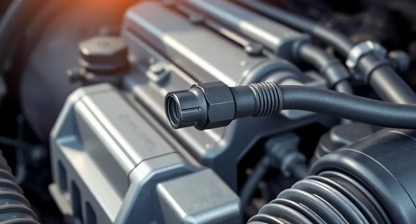A close-up, detailed illustration of a car engine bay with a focus on the engine coolant temperature sensor. The sensor should be clearly visible, along with surrounding hoses and components. The overall lighting should be bright and clean, highlighting the mechanical details. The background should be slightly blurred to emphasize the sensor.