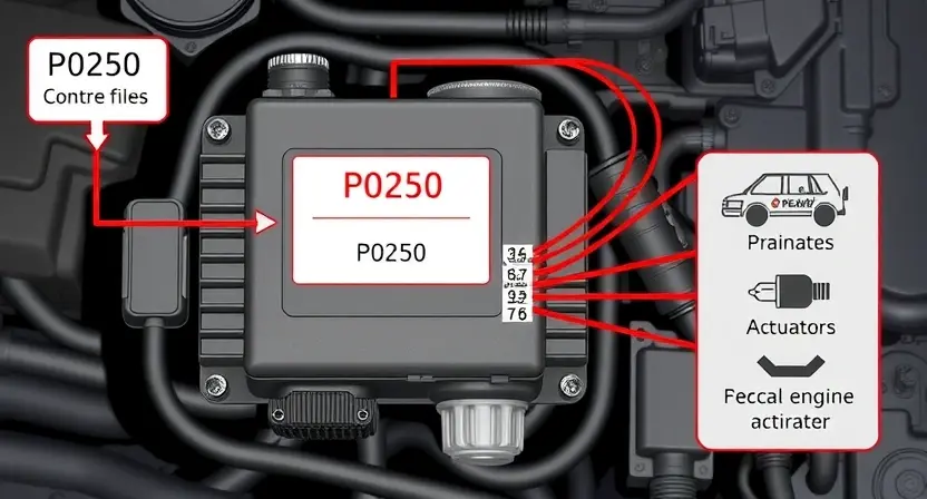 A detailed illustration of an automotive engine control unit (ECU) with wiring diagrams highlighting the circuit related to P0250 error code. Include visual representations of sensors and actuators connected to the ECU. Focus on clarity and technical accuracy.