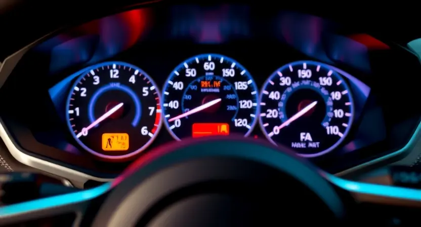 A close-up shot of a car's dashboard, specifically focusing on the instrument cluster and the center console. The instrument cluster should display a warning light related to the cruise control system. The center console should be clean and modern. The overall lighting should be bright and clear, highlighting the warning light.