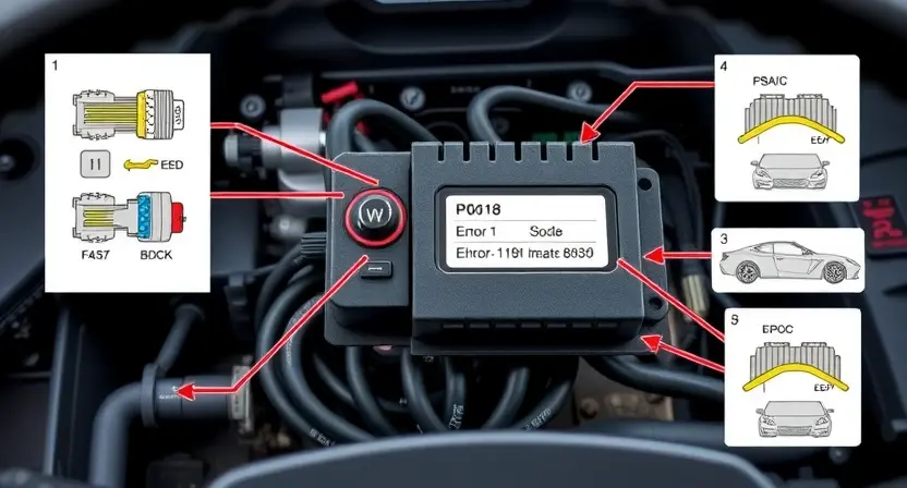 A detailed illustration of a car's engine control unit (ECU) with wiring diagrams and diagnostic tools surrounding it. Focus on the P0618 error code indicator light on the dashboard.