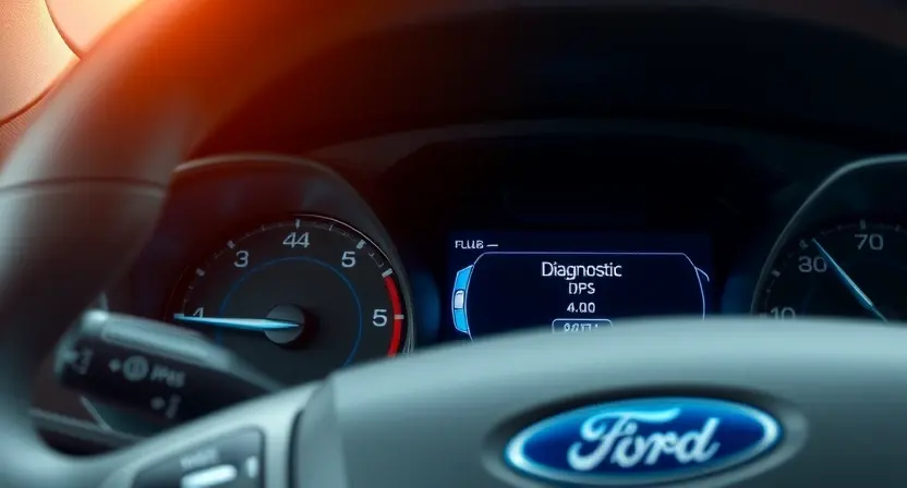A close-up shot of a Ford vehicle's dashboard, highlighting the instrument cluster and potentially a display showing diagnostic information. Focus on the area where a code might be displayed. The overall aesthetic should be clean and modern, emphasizing the technological aspect of the car.