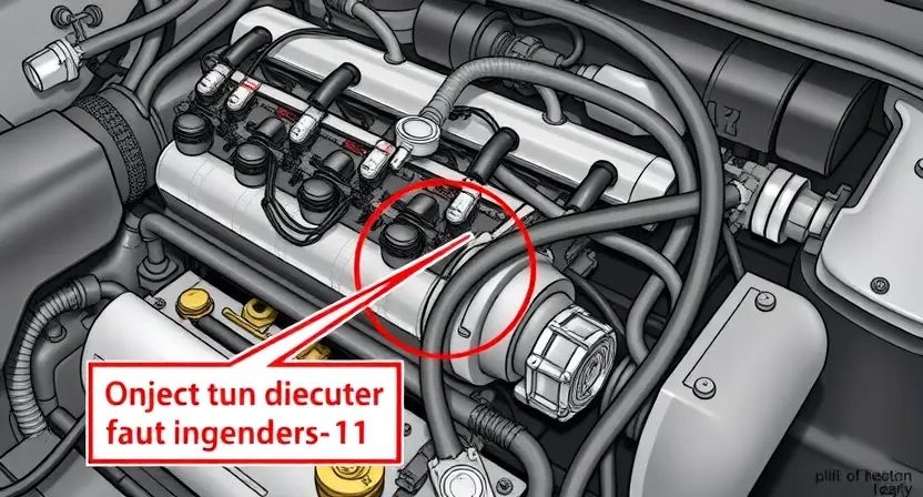 A detailed illustration of an engine bay with a focus on the fuel injector circuit of cylinder 11. Show a close-up of the injector, wiring harness, and associated components. Include visual cues indicating a potential fault, such as a loose connection or a damaged wire. The background should be slightly blurred to emphasize the injector circuit.