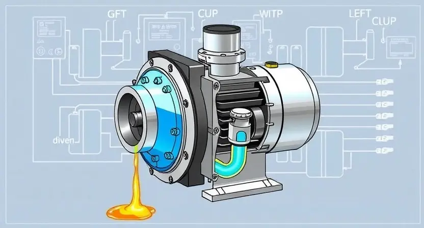 A detailed illustration of an inverter cooling pump, showing its components (pump, impeller, housing, coolant lines) with visible signs of malfunction (e.g., leaking coolant, damaged impeller). The background should be a technical schematic of an inverter system.
