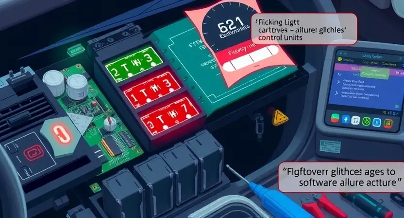 A detailed illustration of a car's electronic control unit (ECU) with visible circuit boards and components, highlighting potential areas of electronic failure or software glitches. The image should include visual indicators of malfunction such as flickering lights, distorted digital displays, or error symbols on a screen. The background should suggest a diagnostic or repair setting, with tools and diagnostic equipment in the vicinity.