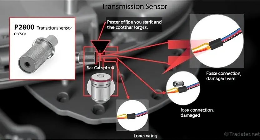 A detailed illustration of a car's transmission sensor circuit, highlighting the P2800 error code. Include visual representations of the sensor, wiring, and potential causes of the malfunction (e.g., loose connection, damaged wire). Focus on technical accuracy and clarity.