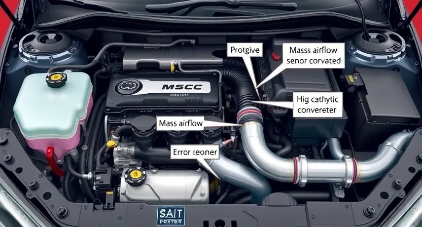 A detailed illustration of a car's engine bay with various components clearly visible. Focus on the area related to the P0706 error code, such as the mass airflow sensor, catalytic converter, and exhaust system. Use realistic lighting and textures.