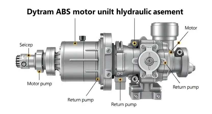 A high-quality technical illustration of an ABS (Anti-lock Braking System) hydraulic unit showing the motor and return pump assembly, with clear labeling of the motor circuit and return pump, clean white background, professional engineering diagram style, detailed components, no text or numbers visible