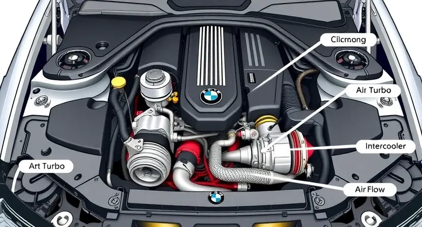 A detailed illustration of a BMW engine bay, focusing on the turbocharger and related components. Highlight the intake and exhaust systems, showcasing the airflow. Include clear labels pointing to key parts like the turbo, intercooler, and intake manifold. The engine should appear clean and well-maintained.