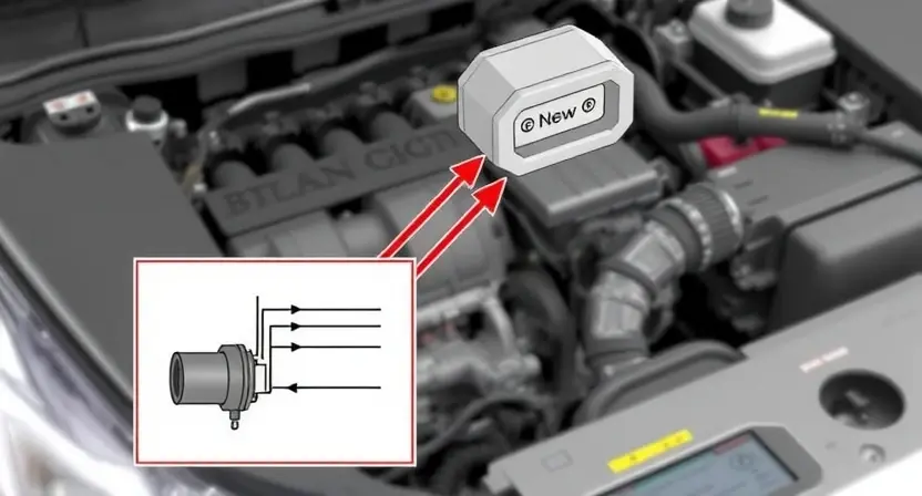 A detailed illustration of a car's engine bay, highlighting the Mass Airflow Sensor (MAP sensor). The sensor should be clearly visible, with arrows pointing to its location and connections. Include a simplified diagram showing airflow entering the engine and how the MAP sensor measures it. Focus on the sensor's physical appearance and its integration within the engine system. The background should be slightly blurred to emphasize the sensor.