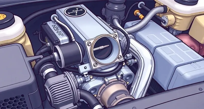 A detailed illustration of a car engine bay, focusing on the throttle body and related components. The throttle body should be clearly visible, with surrounding hoses and wiring. The overall scene should be clean and well-lit, emphasizing mechanical precision.