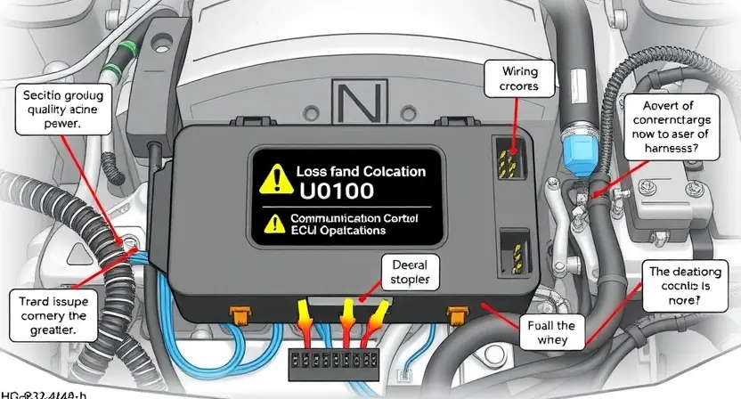 A high-quality technical illustration showing an automotive engine control unit (ECU) with a warning sign indicating loss of communication (U0100), highlighting electrical wiring issues and faults in the harness, with clear labels for connectors and wires, in the style "HQ-832-448-h"