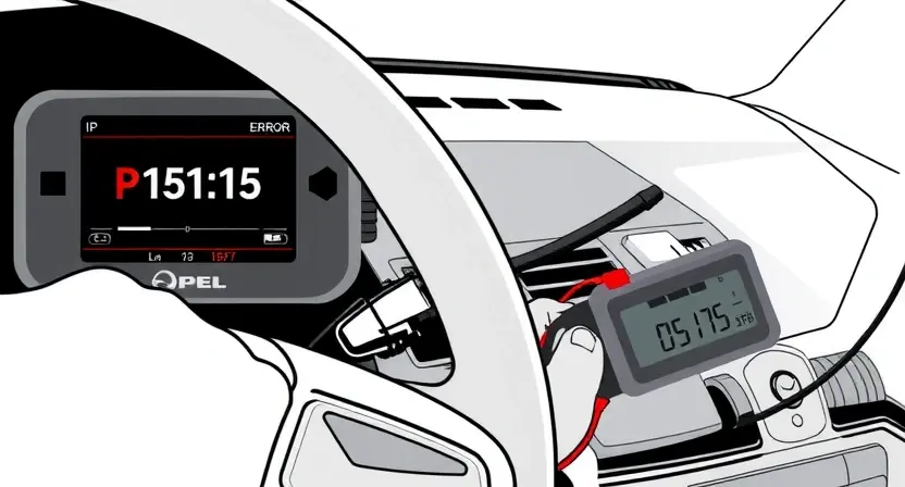 A high-quality technical illustration showing an automotive diagnostic scanner displaying error code P1515 on a vehicle's dashboard, with a mechanic's hand holding a multimeter near the engine bay of an Opel car, clean lines, professional lighting, no text or numbers on the image