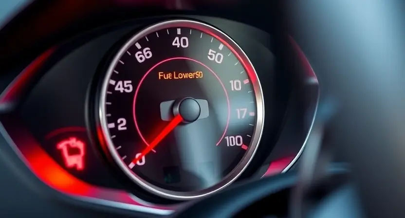 A close-up photograph of the fuel gauge and warning lights inside a car's dashboard. The fuel level should be visibly low, and the warning indicator should be illuminated. Focus on the details of the gauge and the indicator light. The car interior should be clean and modern.