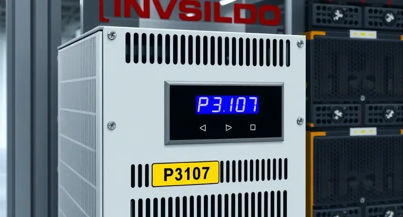 A detailed illustration of an inverter module with a temperature sensor displaying an error code P3107. The module is shown in a technical setting, possibly a server room or industrial environment. Focus on the error code and the sensor reading.