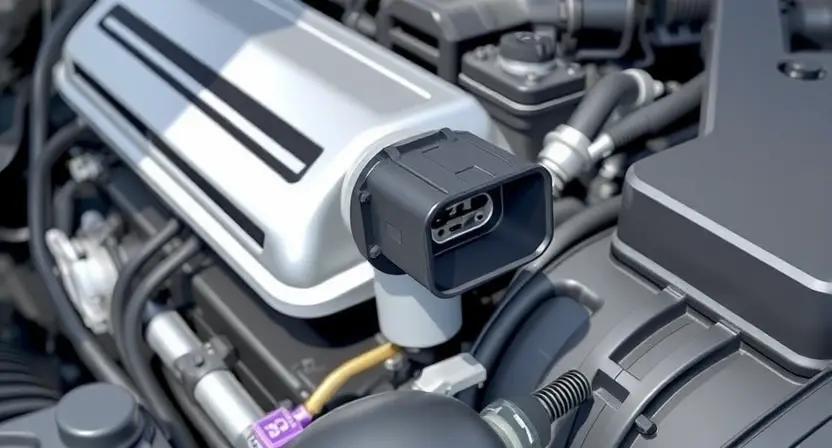 A close-up, detailed illustration of a car's engine bay, specifically focusing on the mass airflow sensor (MAF sensor). The sensor should be clearly visible, with surrounding engine components subtly in focus. The overall lighting should be bright and clean, highlighting the sensor's details.