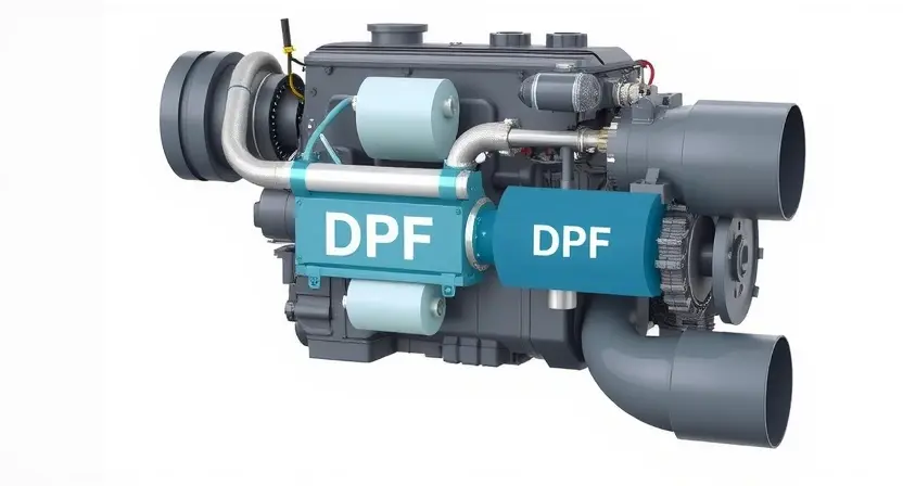 A high-quality technical illustration showing a modern diesel engine with a visible diesel particulate filter (DPF) component, clean technical diagram style, clean background, no text or numbers on image, showing exhaust system and filter housing