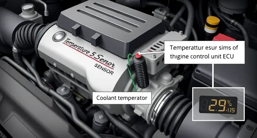 A detailed illustration of a car engine with a focus on the coolant temperature sensor and its connection to the engine control unit (ECU). Highlight the sensor's location and wiring. Include a visual representation of a temperature reading on a digital display.