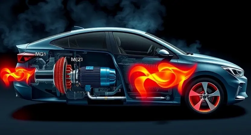 A detailed cross-section of a hybrid car's motor-generator system (MG1 and MG2) with visible overheating effects such as smoke, red-hot components, and thermal damage. The image should depict the internal components like coils, magnets, and cooling systems to illustrate the consequences of overheating.
