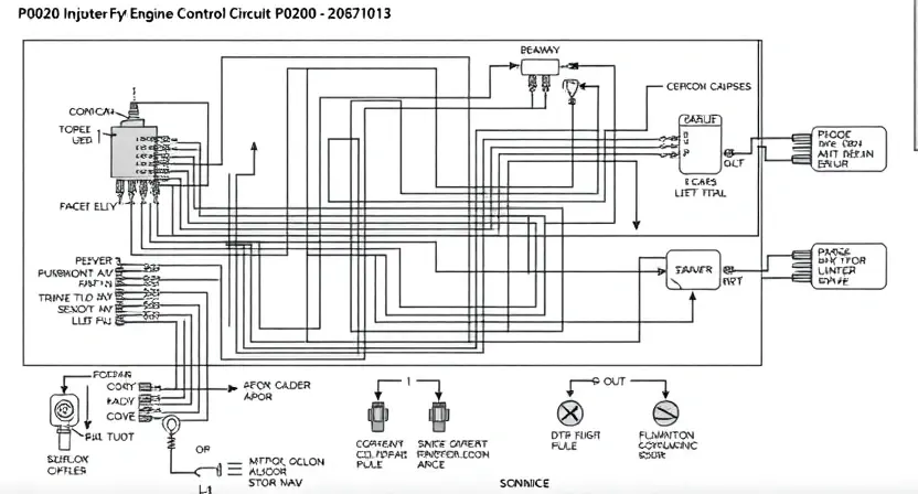 A detailed schematic diagram of an engine's fuel injector control circuit, highlighting the P0200 error code and its potential causes. Include visual representations of sensors, actuators, and wiring. Focus on clarity and technical accuracy.