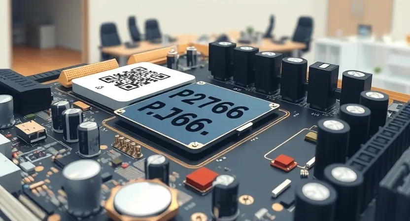 A detailed illustration depicting a computer motherboard with a highlighted P2766 error code. The motherboard should show various components like CPU, RAM, and capacitors. The error code should be clearly visible on a small display or label near the CPU. The background should be a slightly blurred office environment to suggest a technical setting.