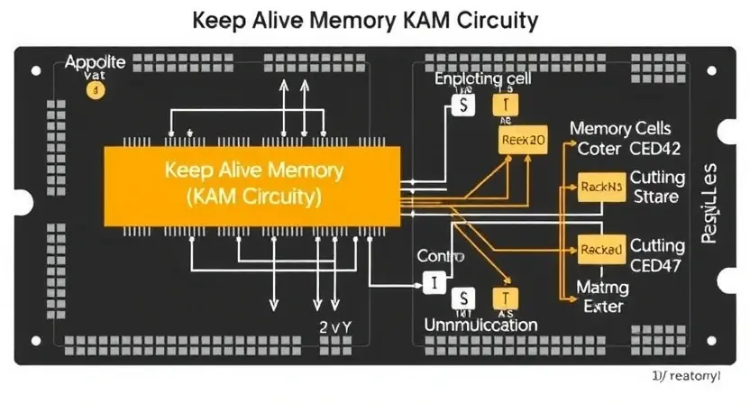 A detailed schematic diagram of a memory module, highlighting the Keep Alive Memory (KAM) circuitry. Include visual representations of memory cells, control logic, and communication pathways. Focus on clarity and precision in depicting the electronic components and their interconnections.