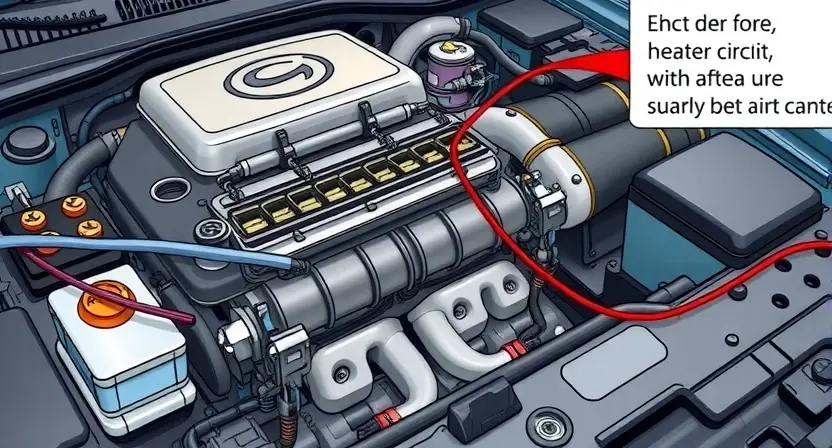 A detailed illustration of a car's engine bay, focusing on the air intake heater circuit. Show the heater core, wiring harness, and any associated components. The image should depict a potential electrical malfunction, perhaps with a slightly damaged wire or a loose connection.
