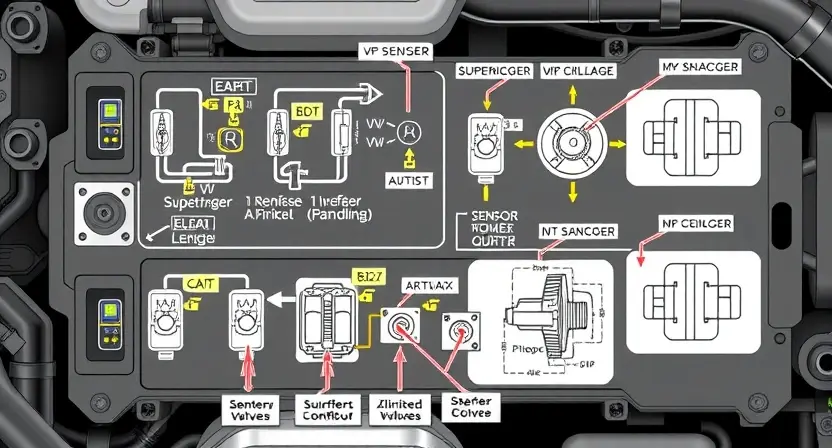 A detailed illustration of an engine control unit (ECU) with various components related to the supercharger system. Include diagrams showing the connections and pathways of airflow. Focus on the sensors, actuators, and control valves involved in the supercharging process. The image should be scientifically accurate and visually clear.