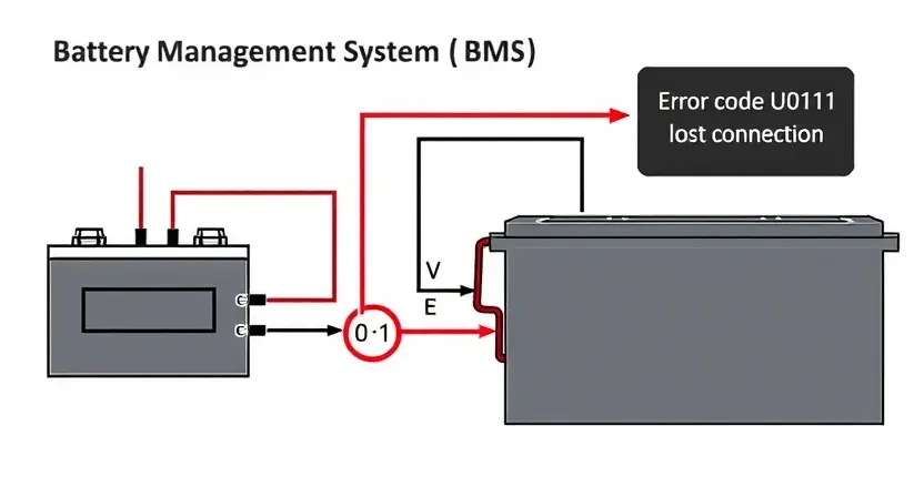 A detailed schematic diagram of a Battery Management System (BMS) connected to a car battery. The diagram should clearly show the communication lines between the BMS and the battery, including voltage and current sensors. Highlight the error code U0111 with a red circle and an arrow pointing to the communication line, indicating a lost connection. The background should be a clean, professional-looking technical illustration style.